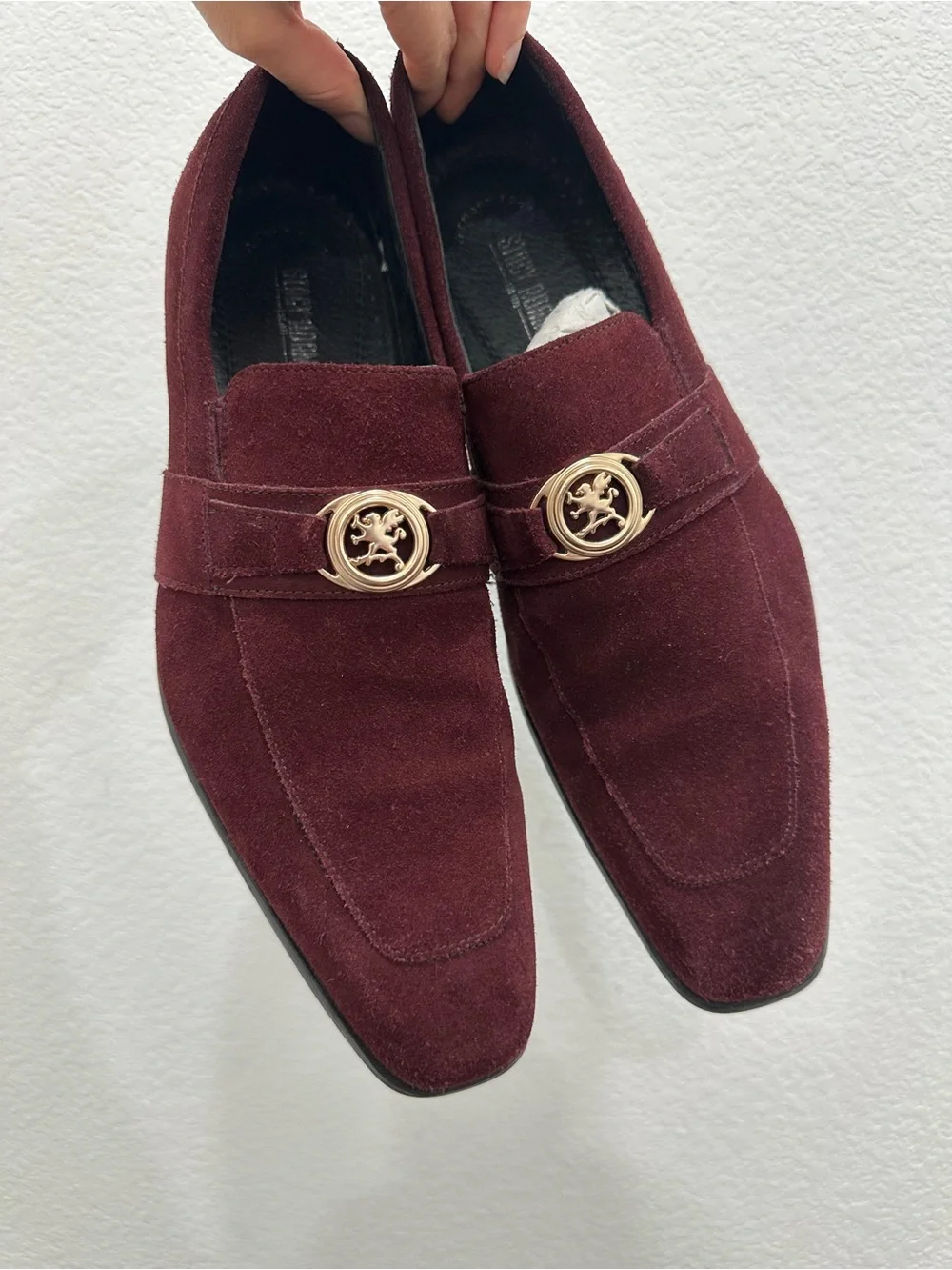 Stacy Adams Men's Burgundy Suede Slip-On Loafers with Gold Medallion